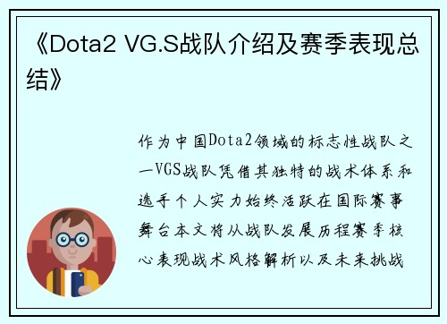 《Dota2 VG.S战队介绍及赛季表现总结》